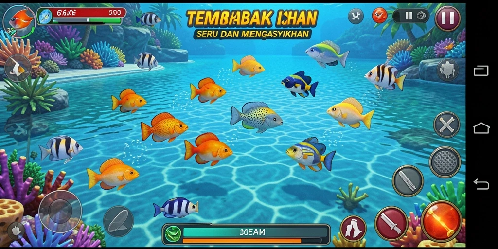 Tampilan gameplay menembak ikan yang seru dan penuh warna di 66D.