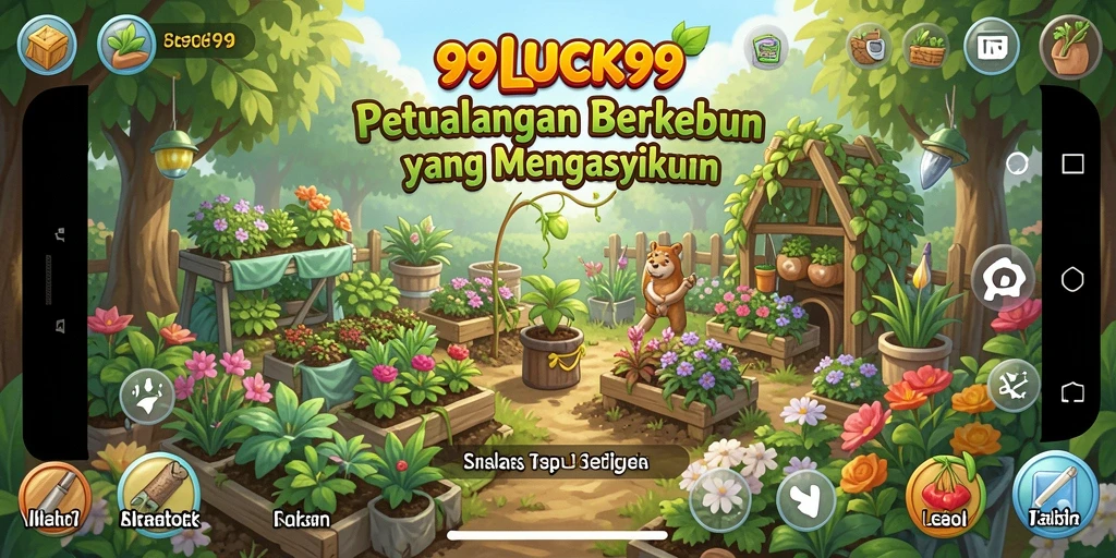 Screenshot gameplay 99LUCK99 menampilkan kebun yang subur dan beragam tanaman.