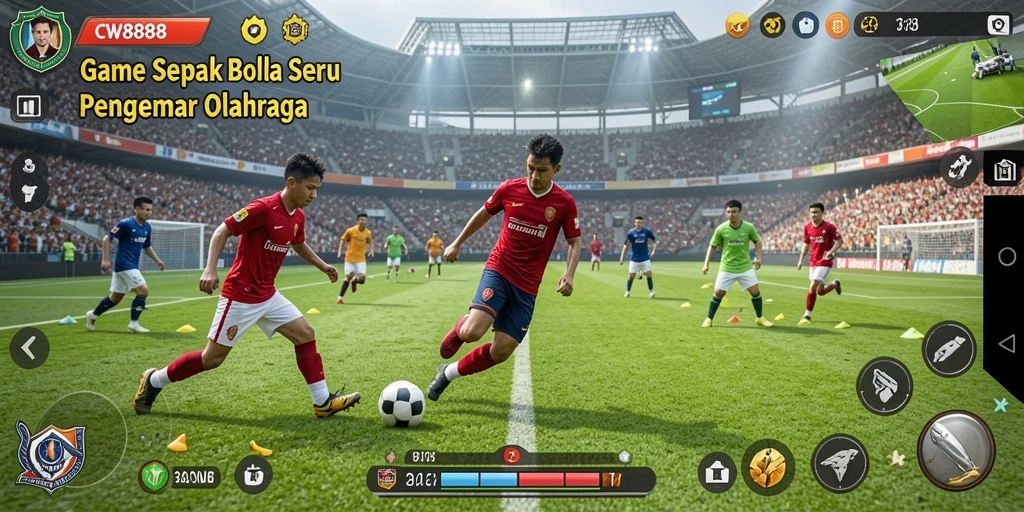Screenshot permainan CW8888 menampilkan aksi seru di lapangan sepak bola.