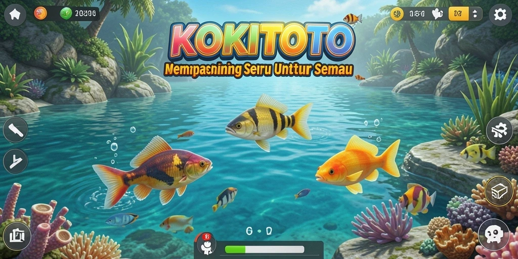 Tampilan gameplay KOKITOTO yang menakjubkan saat memancing di danau.