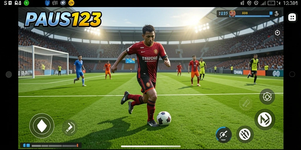 Tampilan gameplay PAUS123 dengan aksi sepak bola mendebarkan.