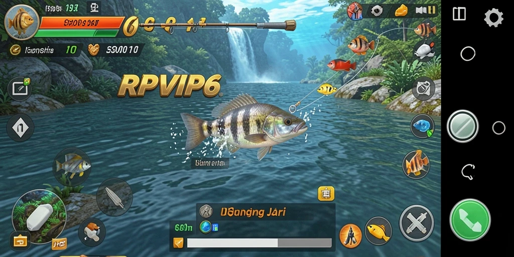 Screenshot utama RPVIP6 menampilkan aksi seru memancing di danau yang indah.