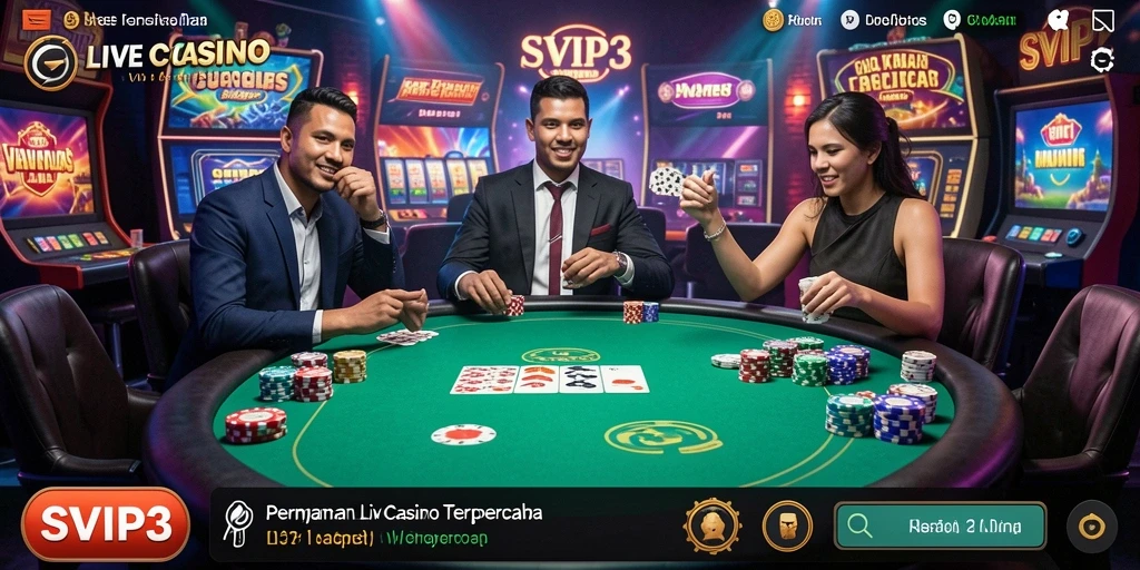 Tampilan gameplay Live Casino SVIP3 dengan dealer profesional dan pemain lainnya.